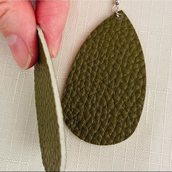 Faux Leather Earrings in Olive Green New Lightweight Teardrop Shaped - Picture 4 of 6